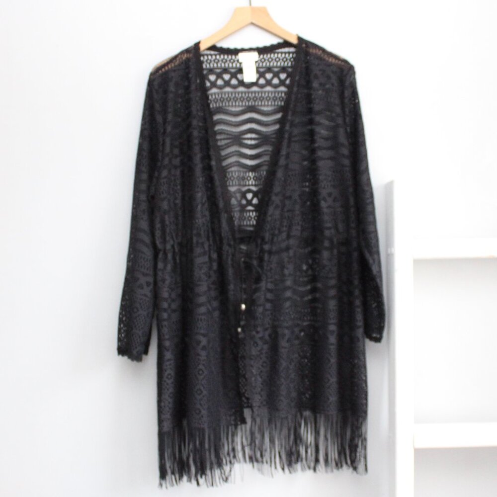 Dotti Women's Black Bemus Fringed Crochet Lightweight Kimono Cover-Up Size XL - Picture 2 of 6